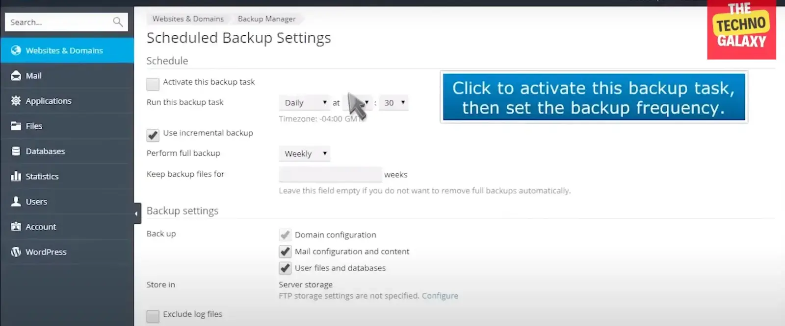 backup settings in a2 hosting