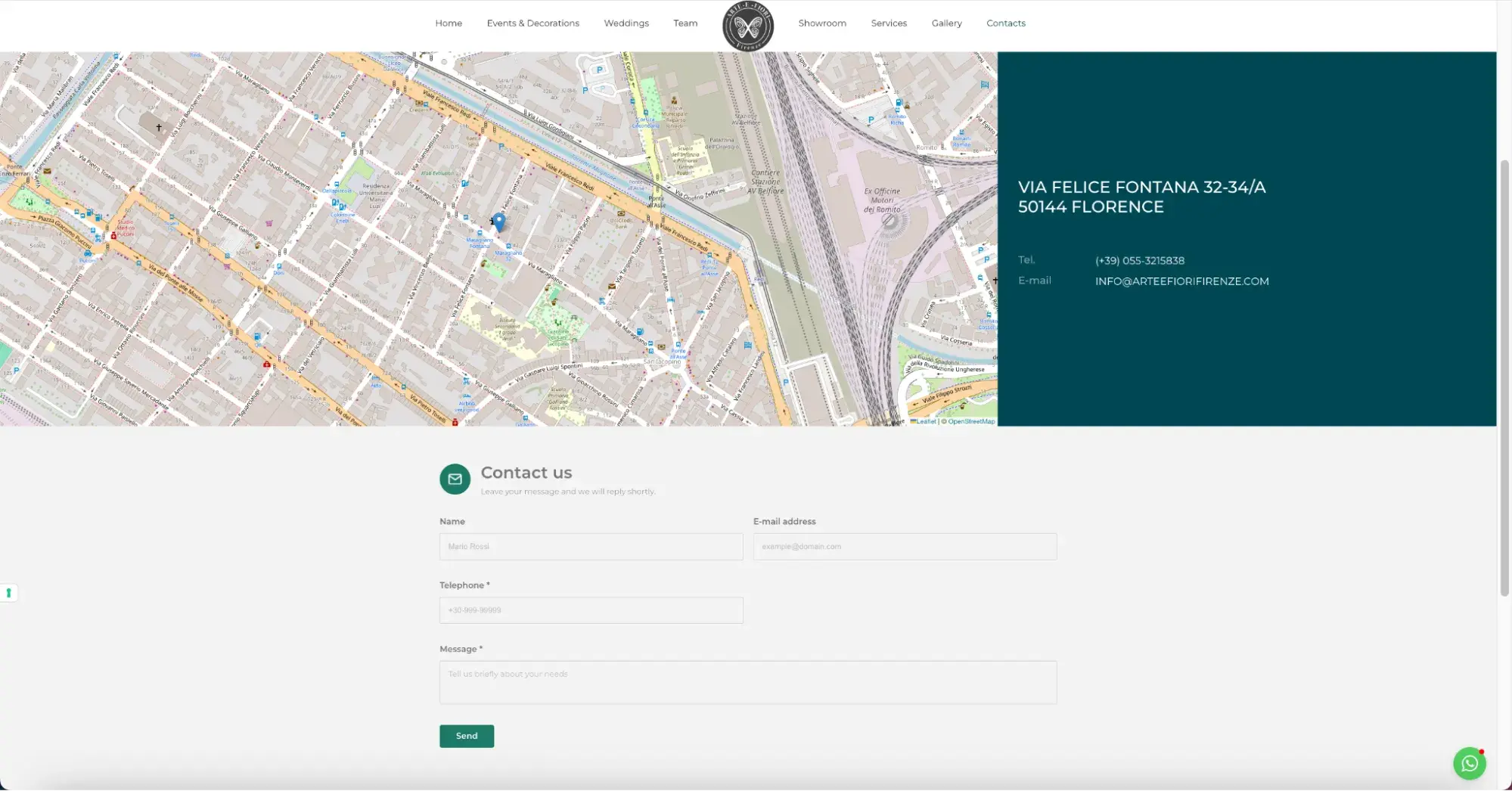 website content: Arte e Fiori Firenze contact page