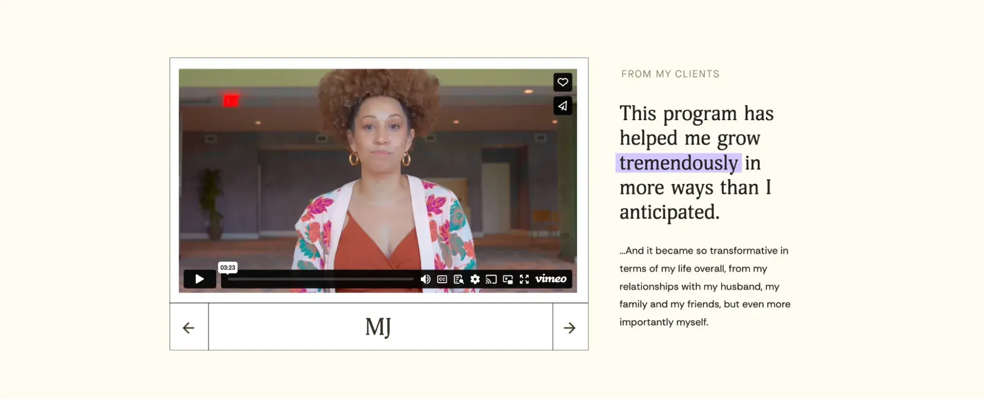 website content: Video testimonial on Melyssa’s page