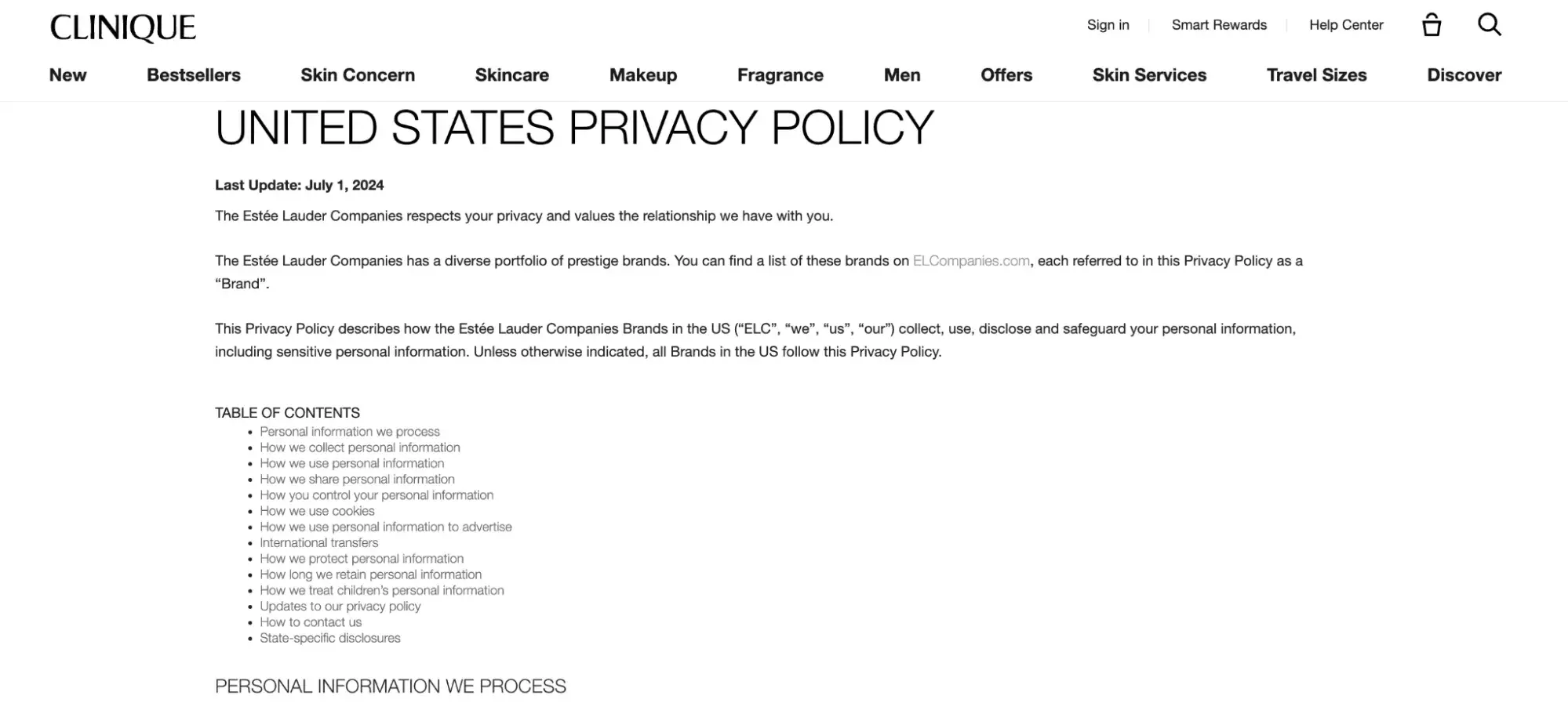 website content: Clinique’s privacy policy and terms of service page