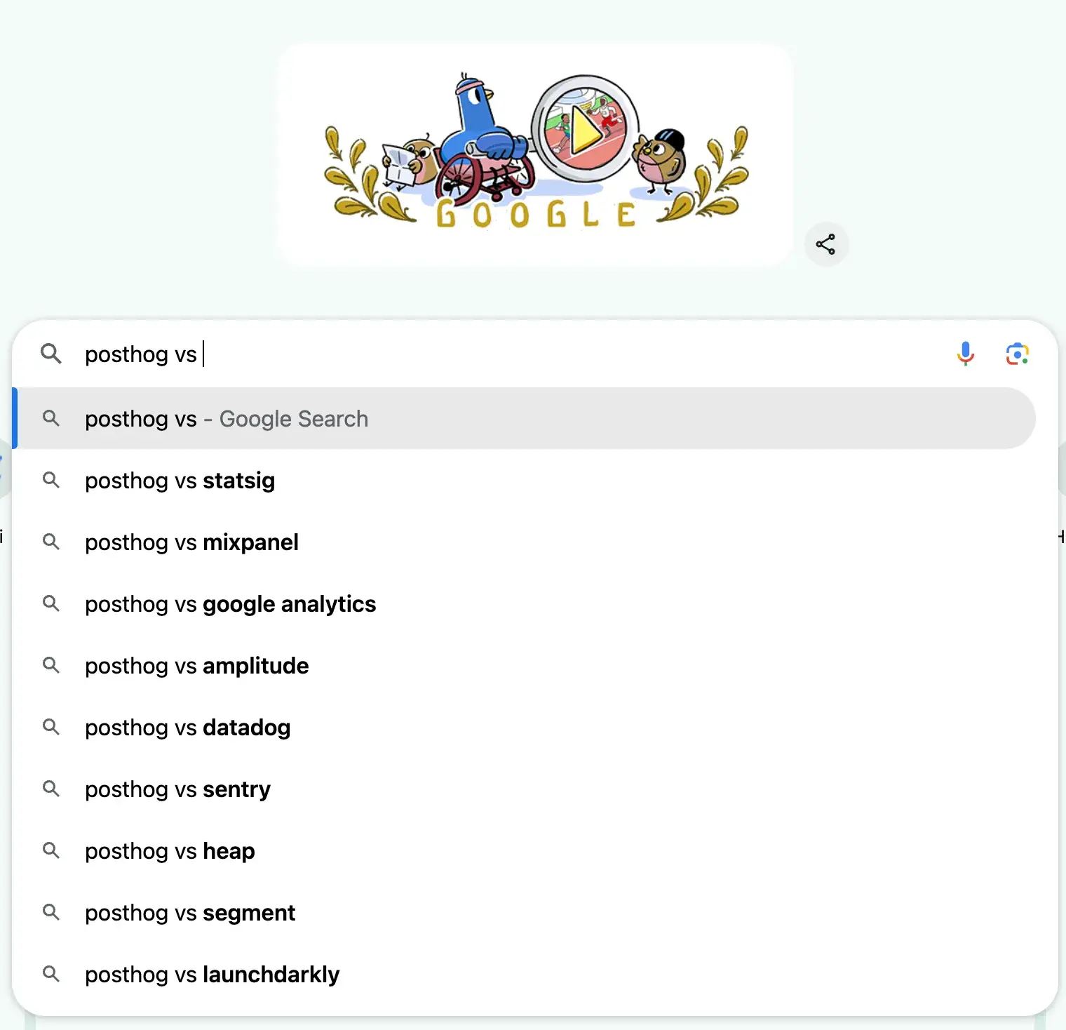 Google search bar suggestions for the search term “PostHog vs”