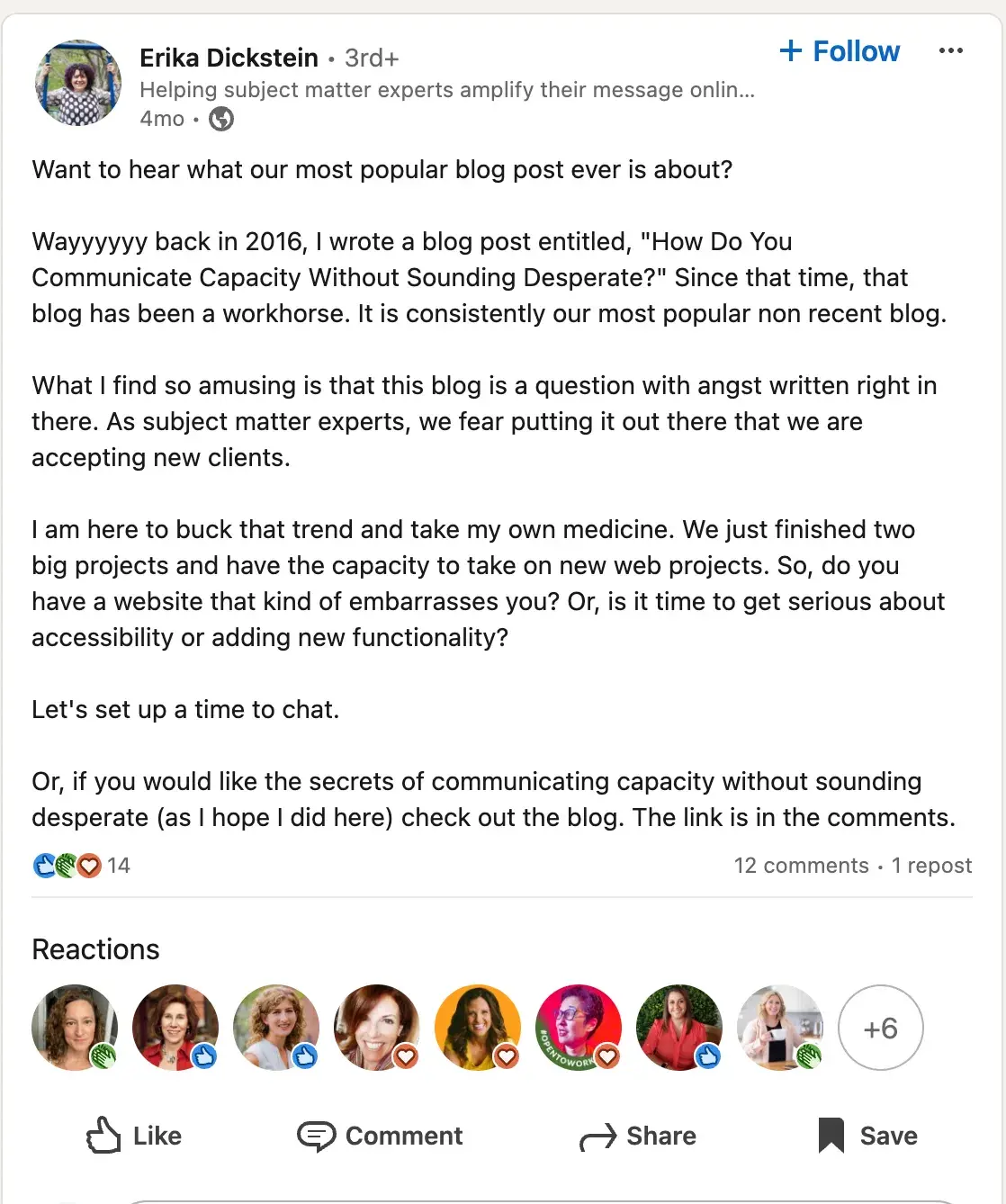 website content idea shared on Erika Dickstein’s LinkedIn