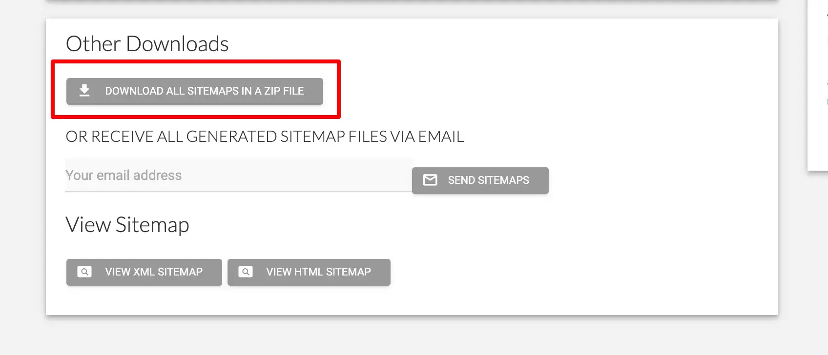 “download all sitemaps in a zip file” button on xml sitemap tool