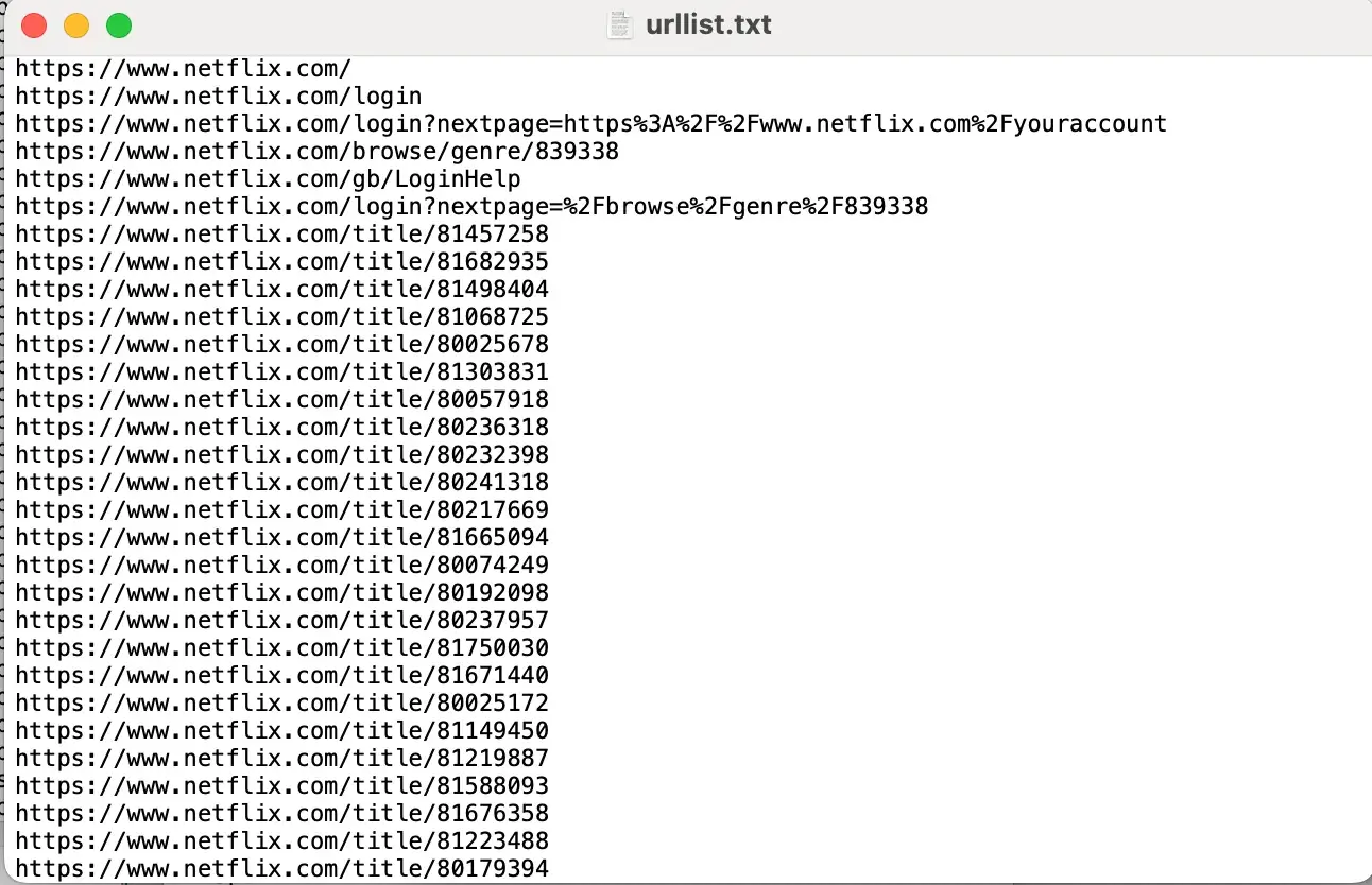text file containing a list of netflix.com’s urls