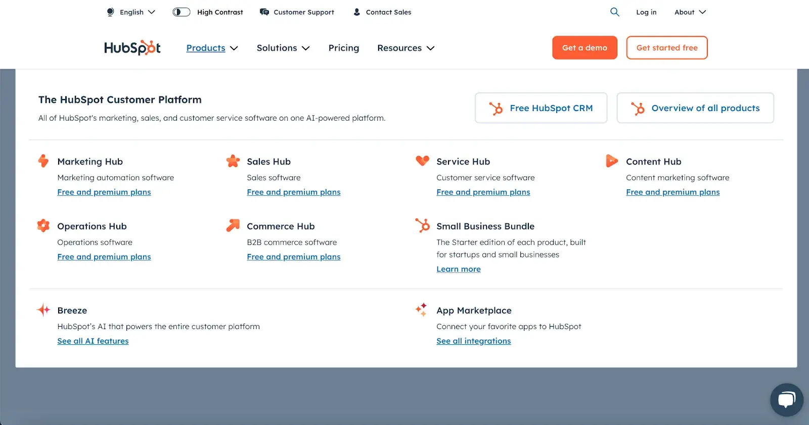 HubSpot menu navigation