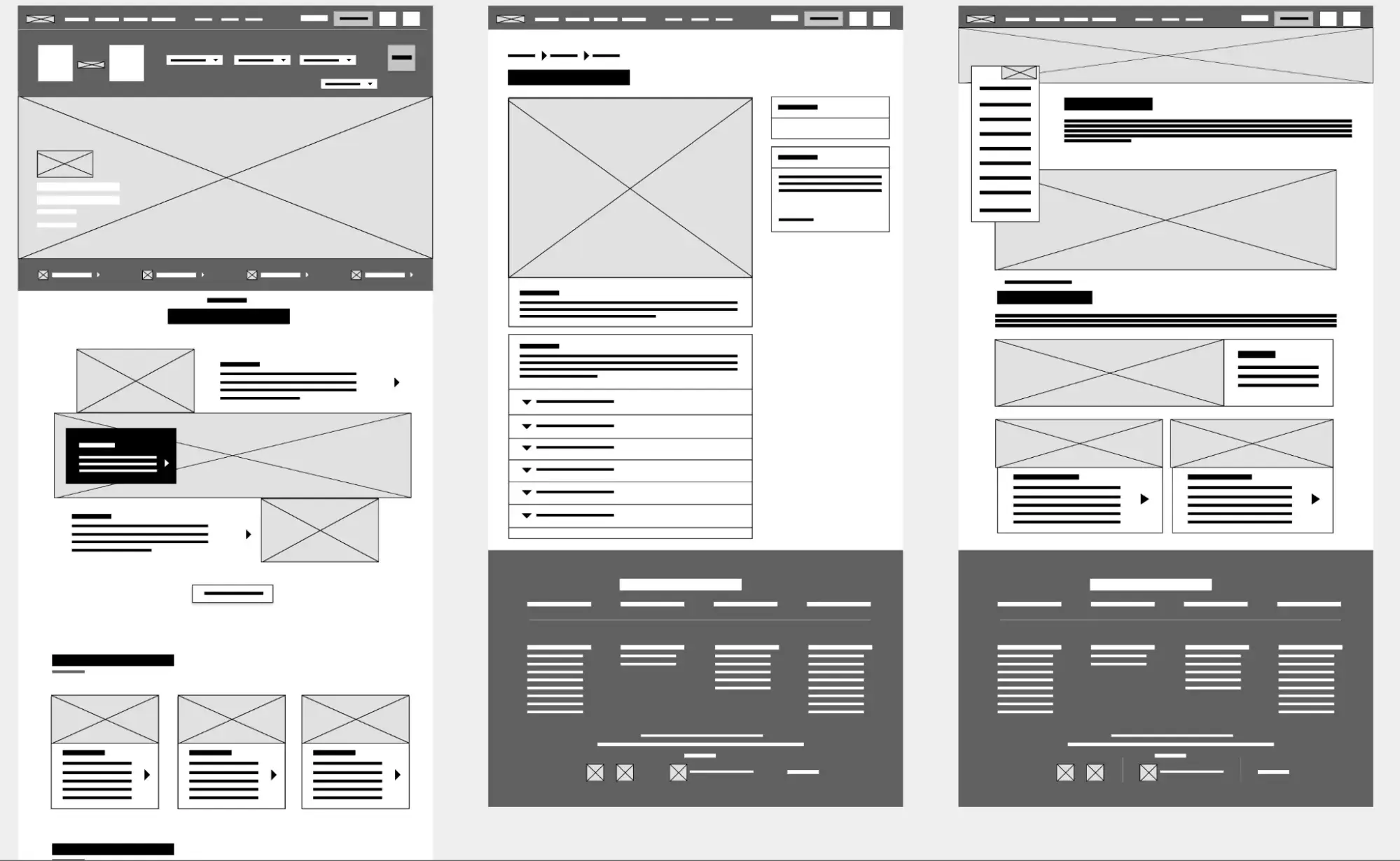 low-fidelity wireframes in website design documentation that have no color, images, or text