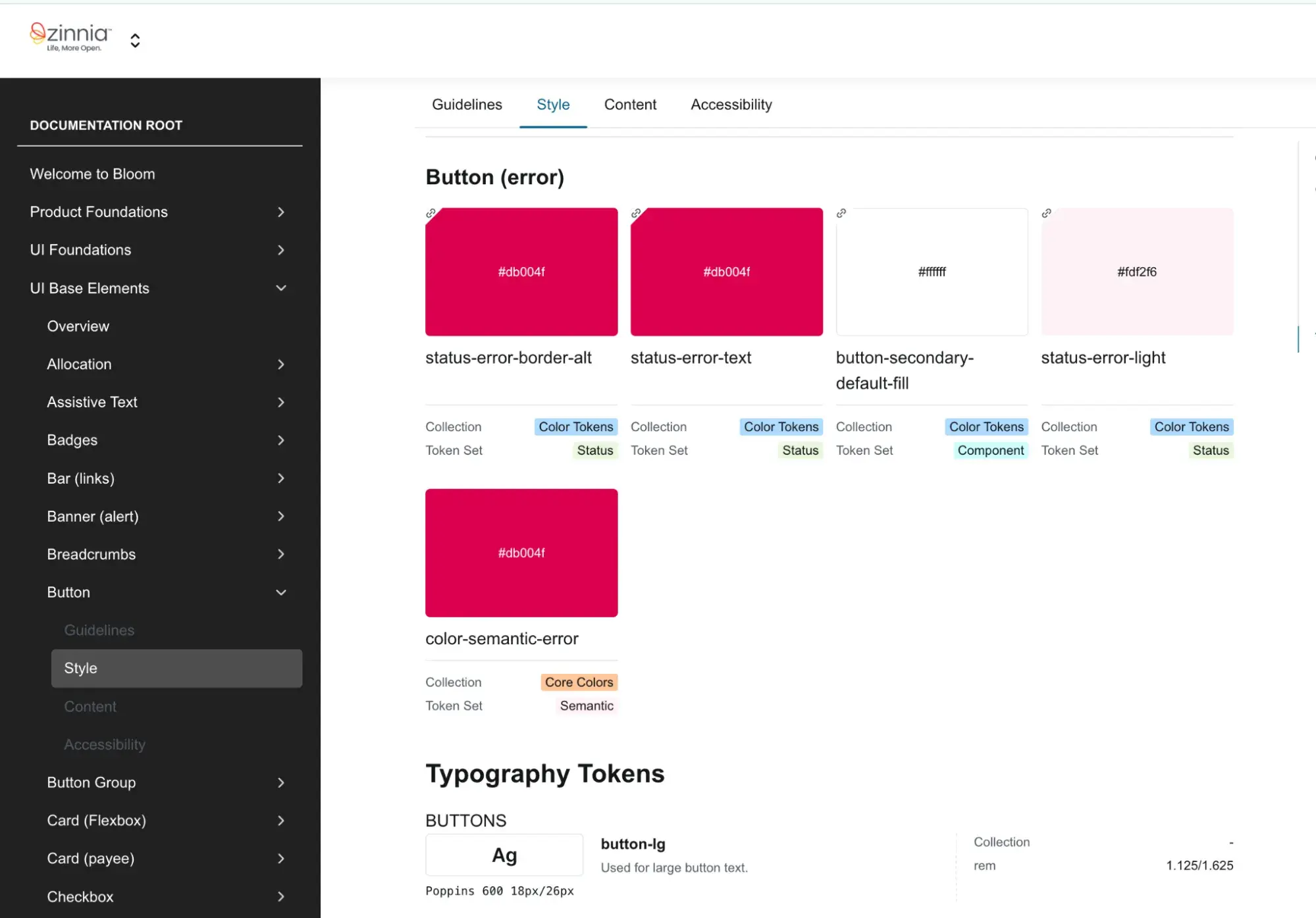 zinnia website design doc with button color values and font sizes