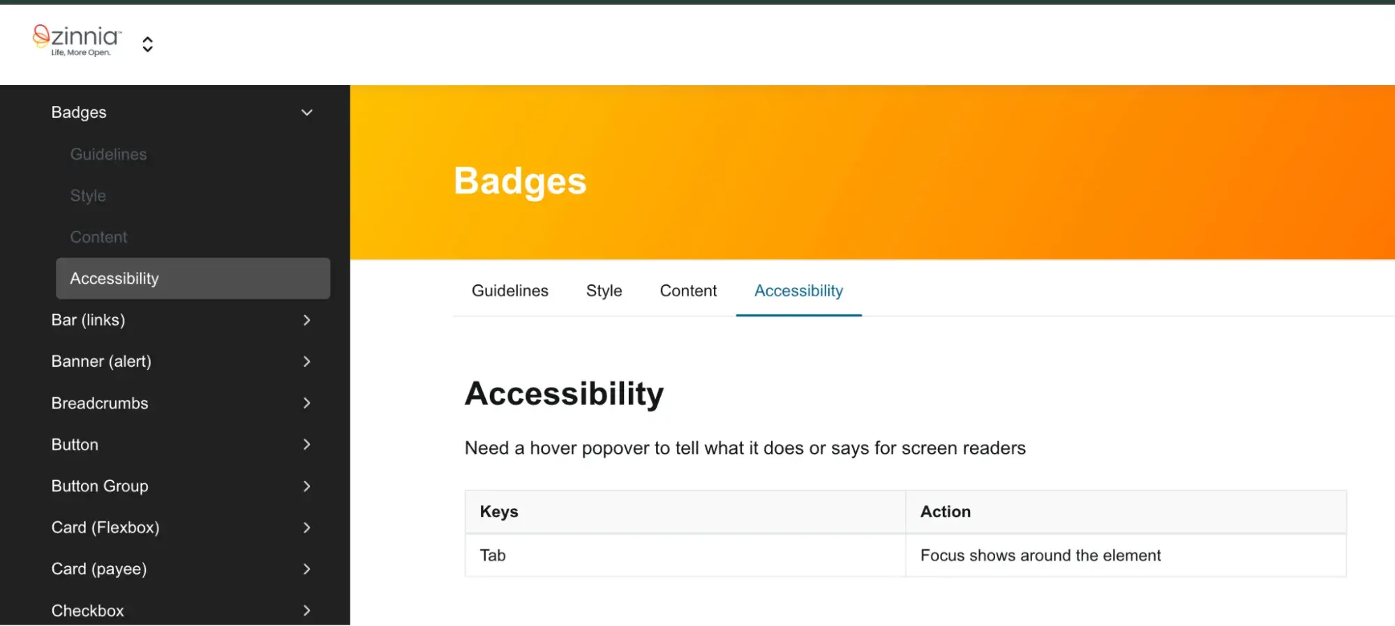 zinnia website design documentation accessibility notes