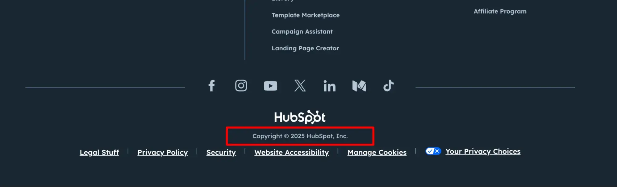 website footer design example from hubspot showing copyright