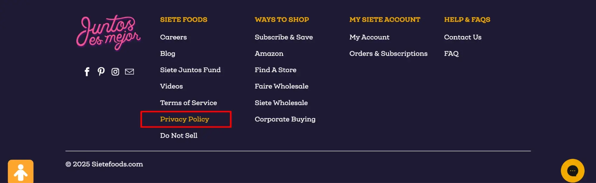 footer design example from siete foods with privacy policy link in its footer