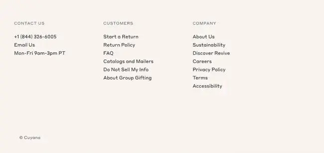 website footer design example from cuyana showing important links on its website