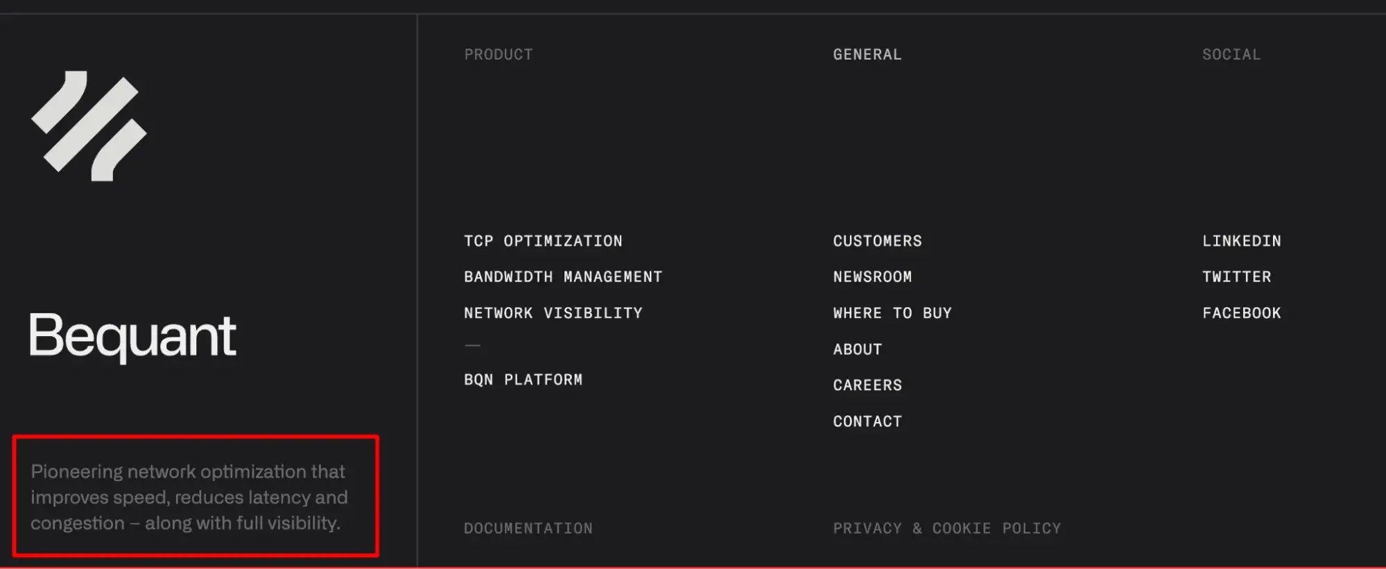 footer design from bequant with the following text: pioneering network optimization that improves speed, reduces latency and congestion  along with full visibility.