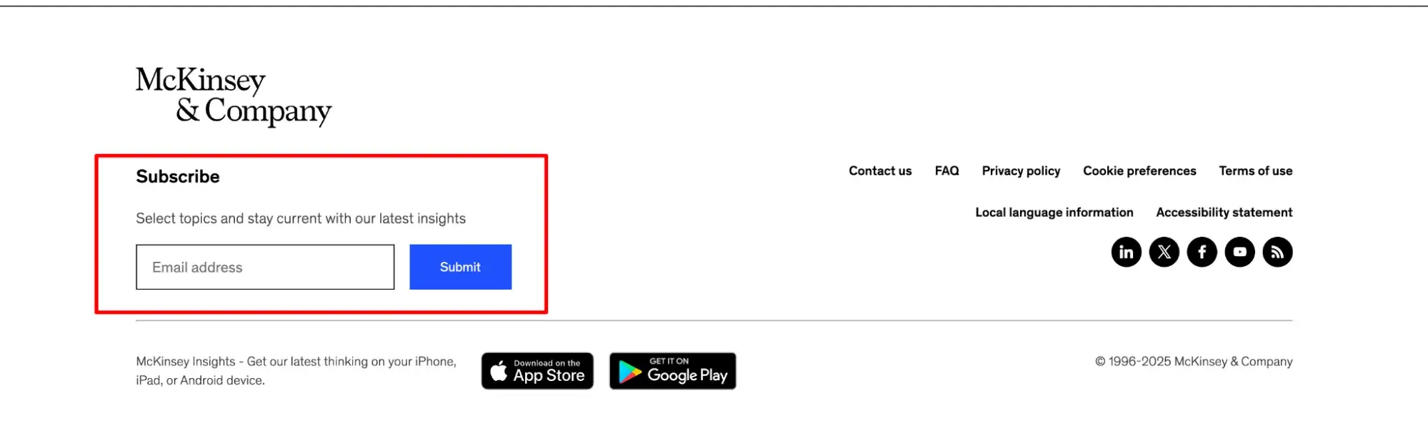 footer design from mckinsey & company with email opt-in form