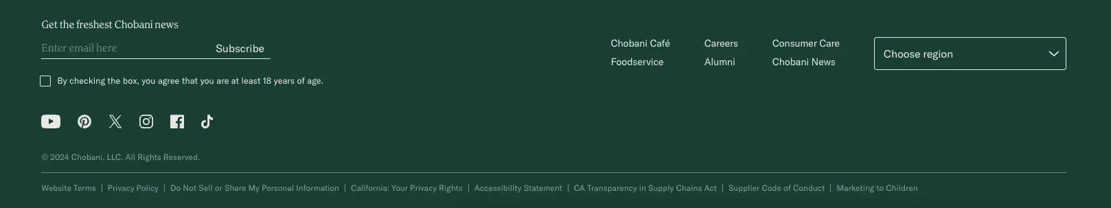 Website footer optimization example from chobani