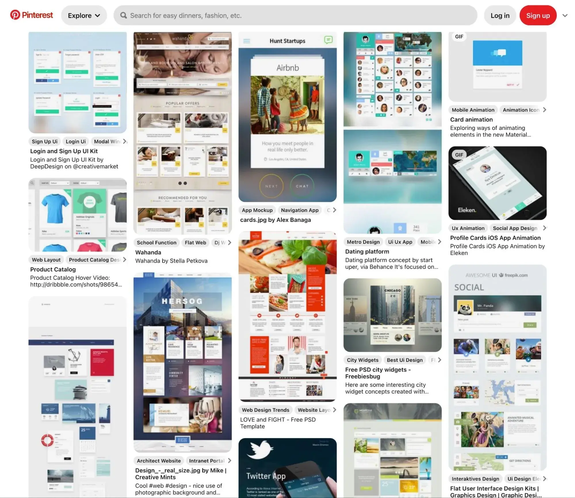 types of website layouts, a card-based layout on the Pinterest website