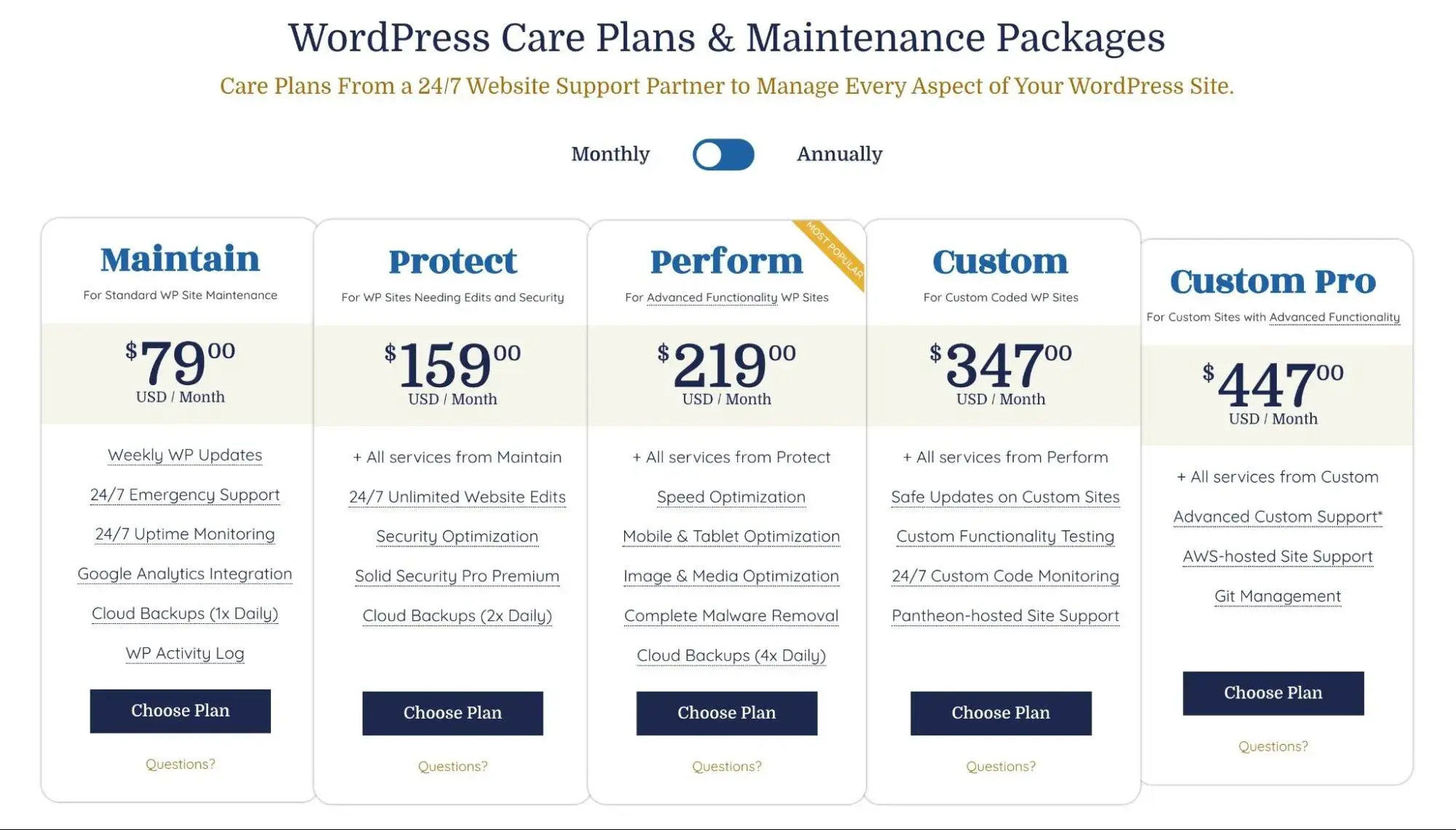 WP Buffs WordPress maintenance plan pricing