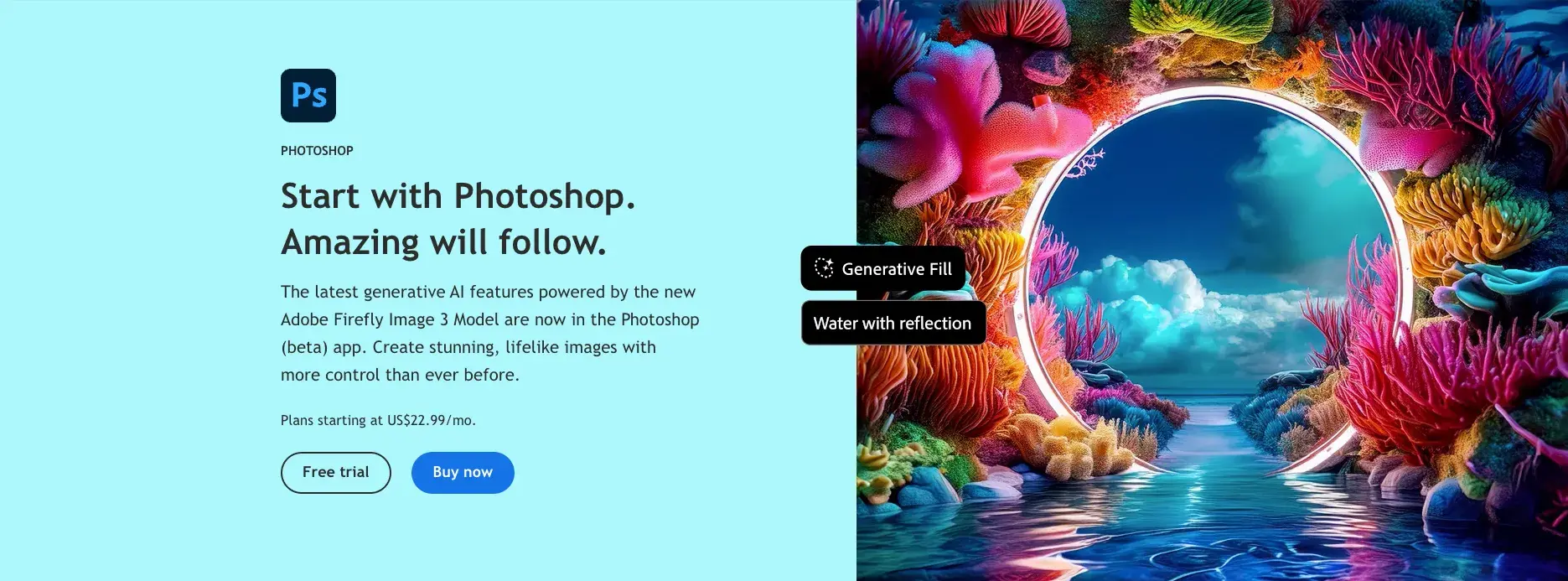 Homepage of Adobe Photoshop's site. The platform is featured in this article describing what mockups are used for.