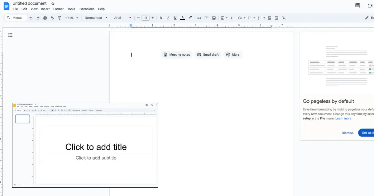 Screenshot of a blank Google Doc with a smaller image of a blank Google Slide. Both platforms are featured in this article describing what mockups are used for.