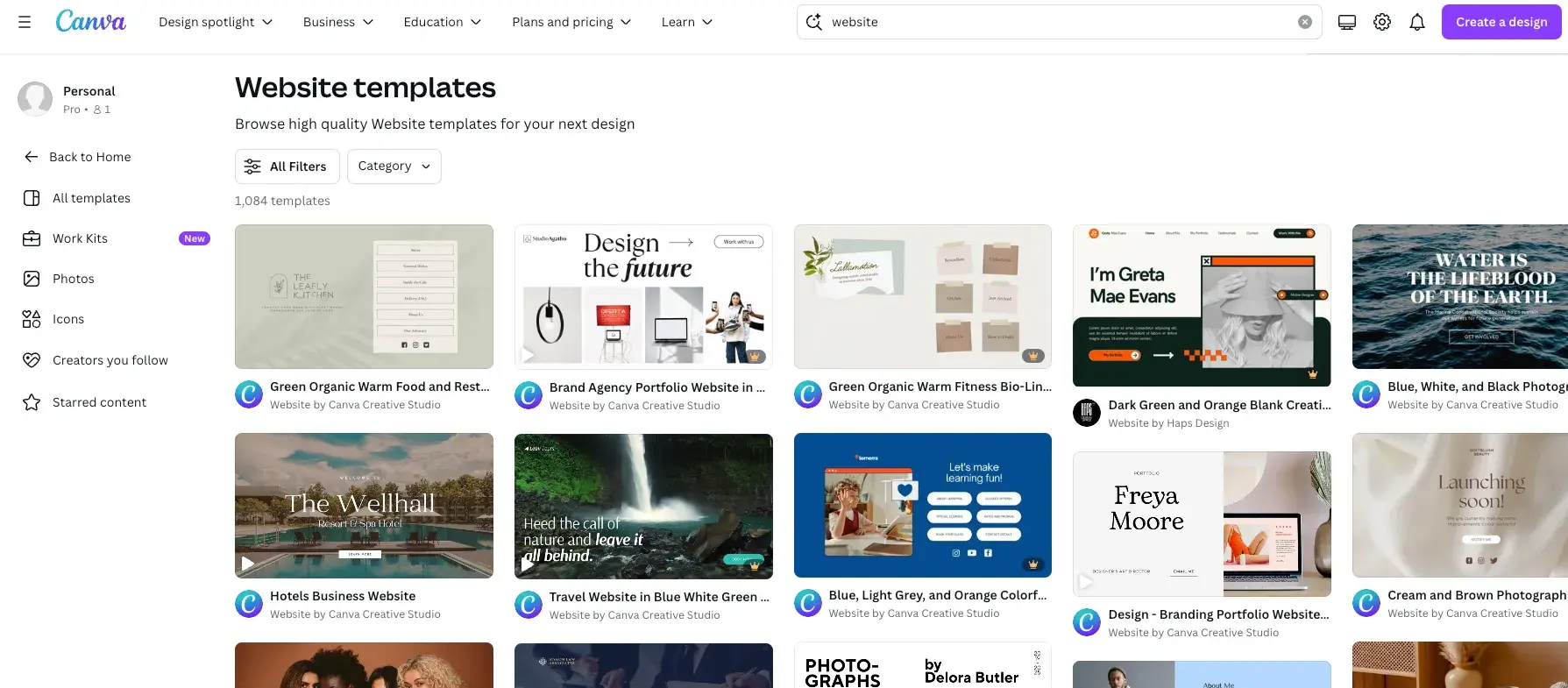 Screenshot of Canva, a platform featured in this article describing what mockups are used for. The Screenshot features a gallery of website mockups.