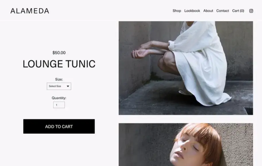 website monetization: Example image of storefront featuring lounge tunic for sale