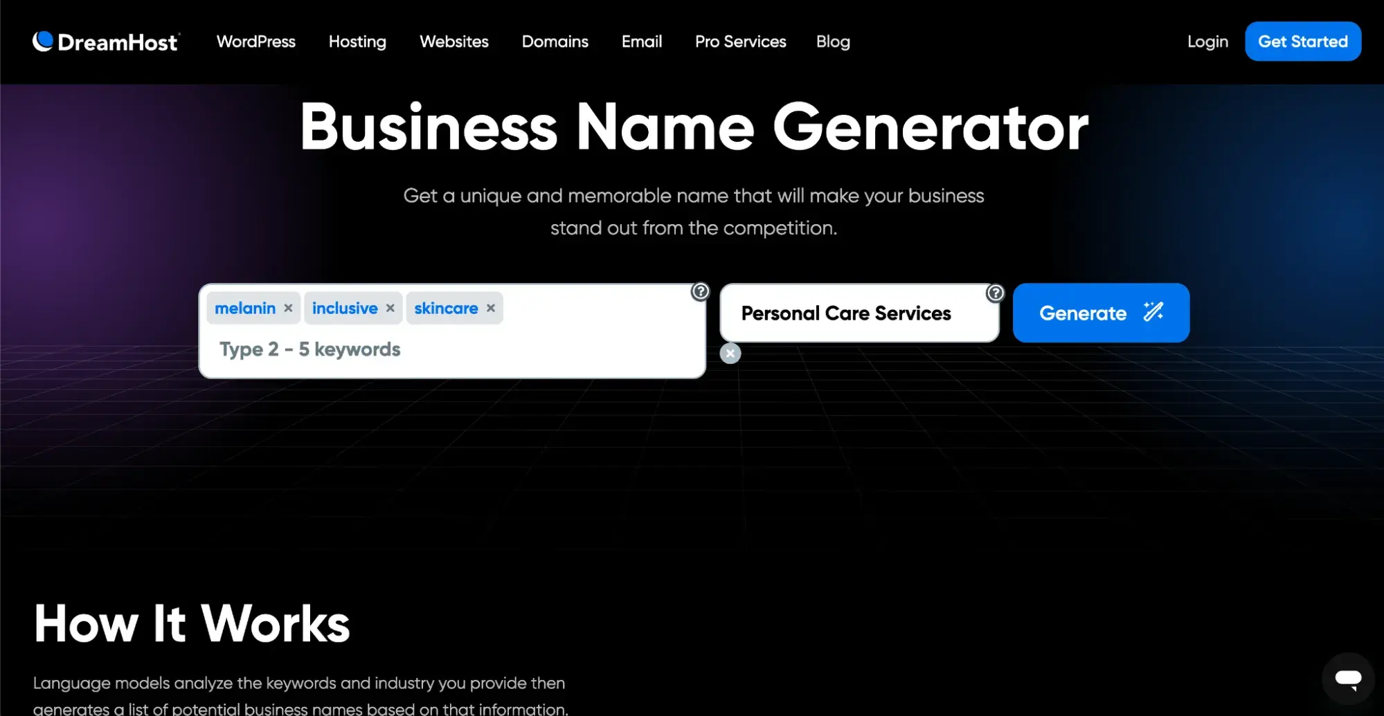 The Business Name Generator tool allows you to enter 2-5 keywords and select a business industry.