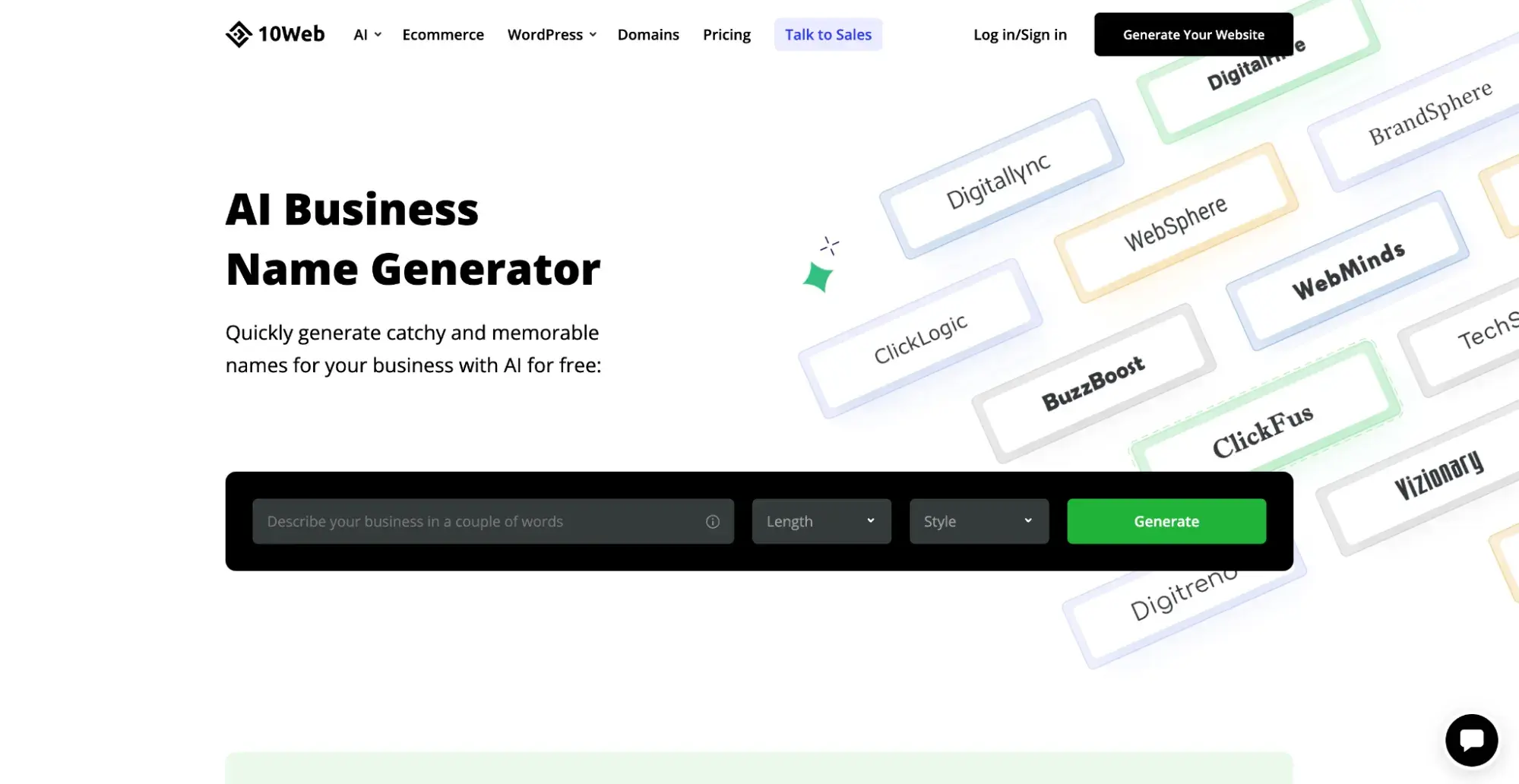 10Web AI Business Name Generator homepage.