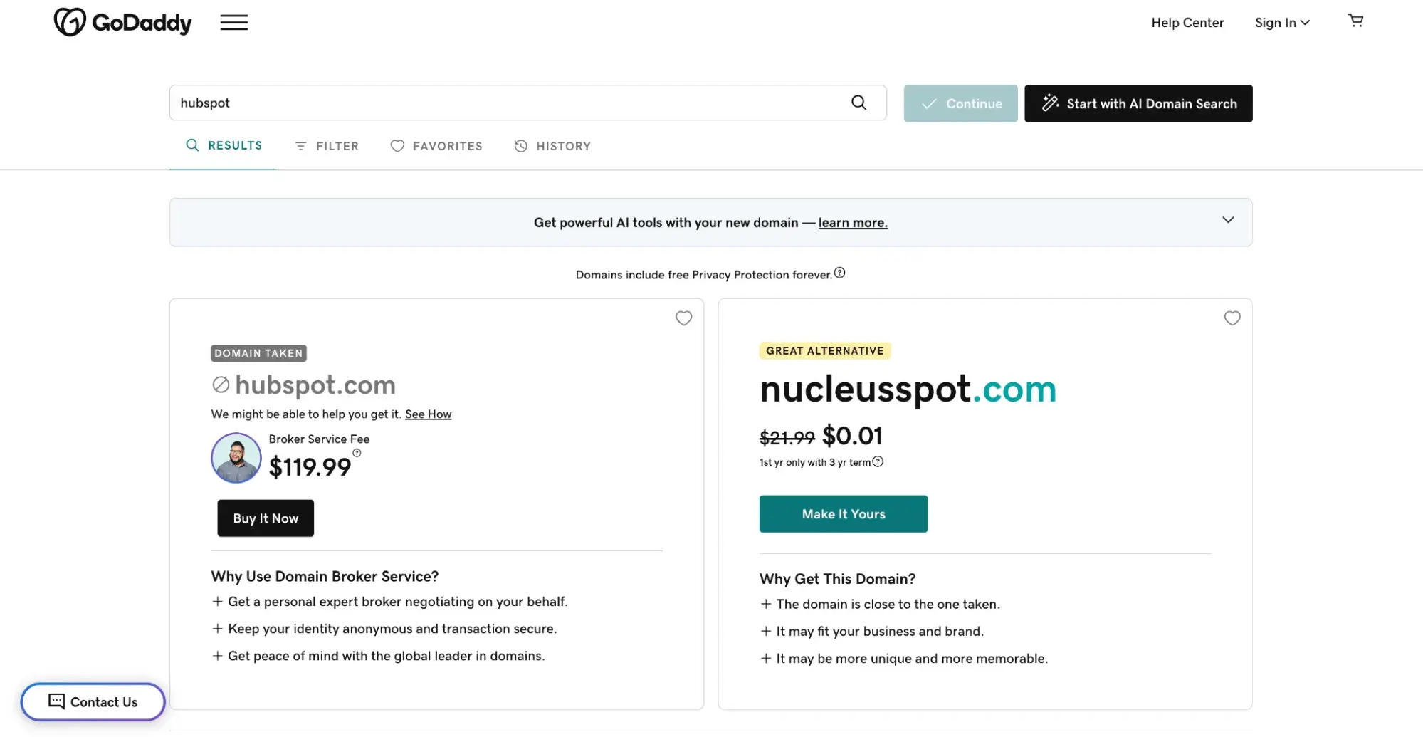 Search results from searching “hubspot” on GoDaddy reveal the domain is taken.