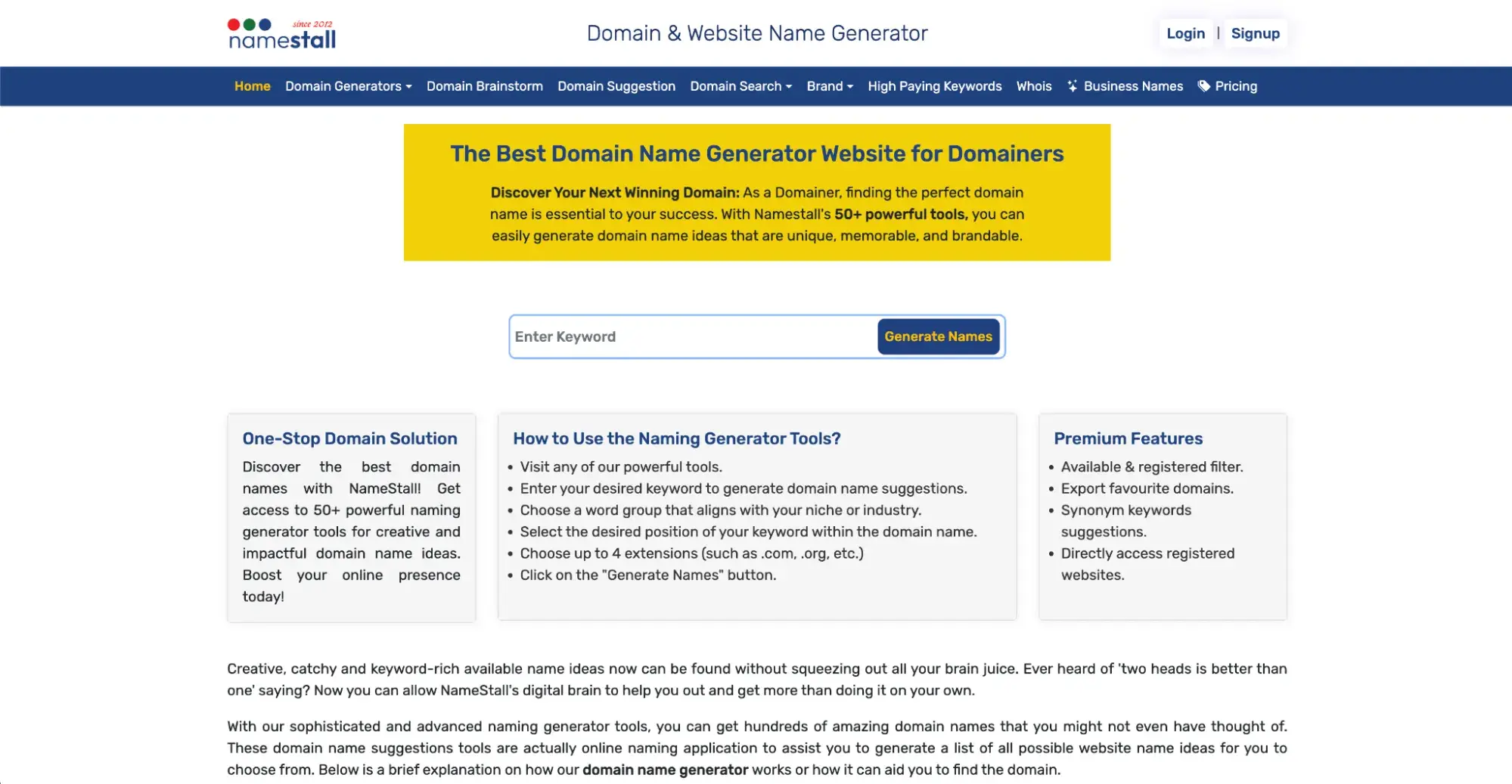 NameStall homepage for testing website name ideas