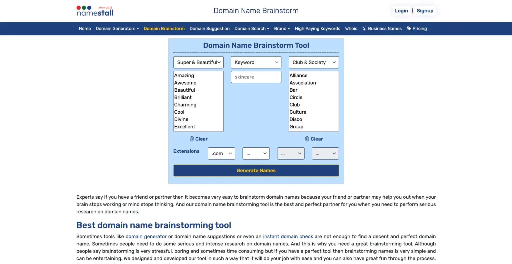 Select two-word groups and a keyword in the Domain Brainstorm tool.