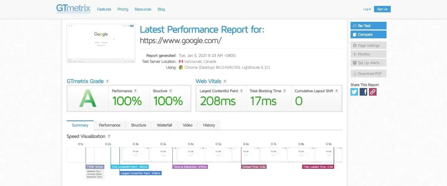 screenshot of the website performance assessment GTmetrix