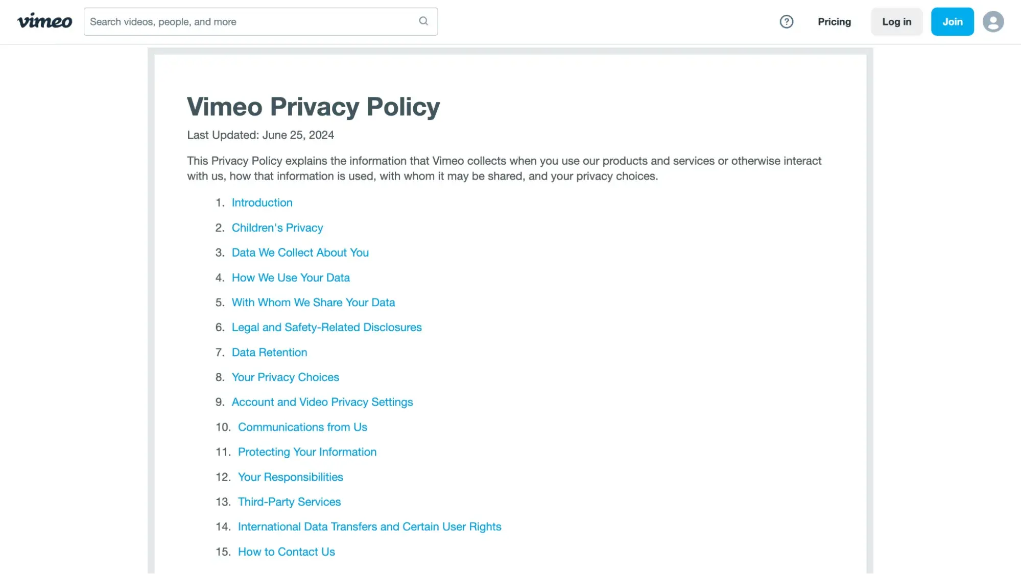 Vimeo privacy policy for website 