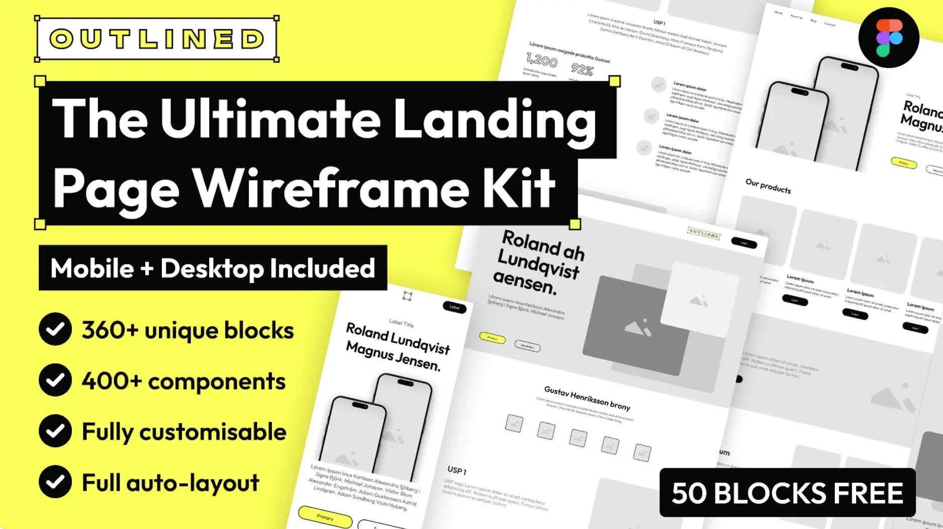 a collection of landing page wireframe templates for figma