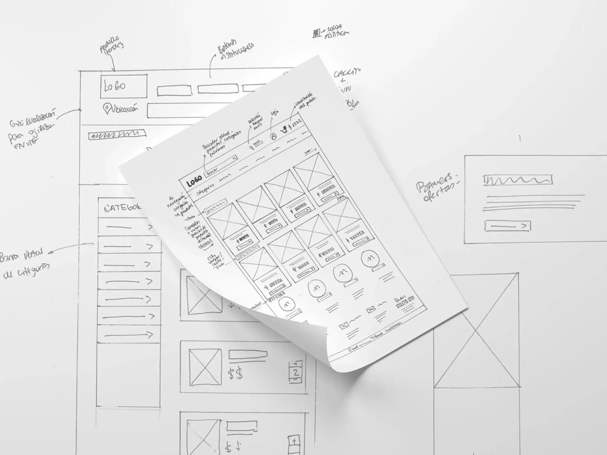 an example of a sketched lo-fi website wireframe