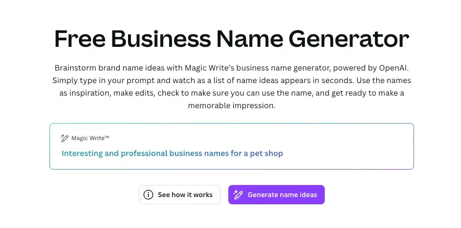 Canva’s business name generator, a great tool for brainstorming business name ideas.