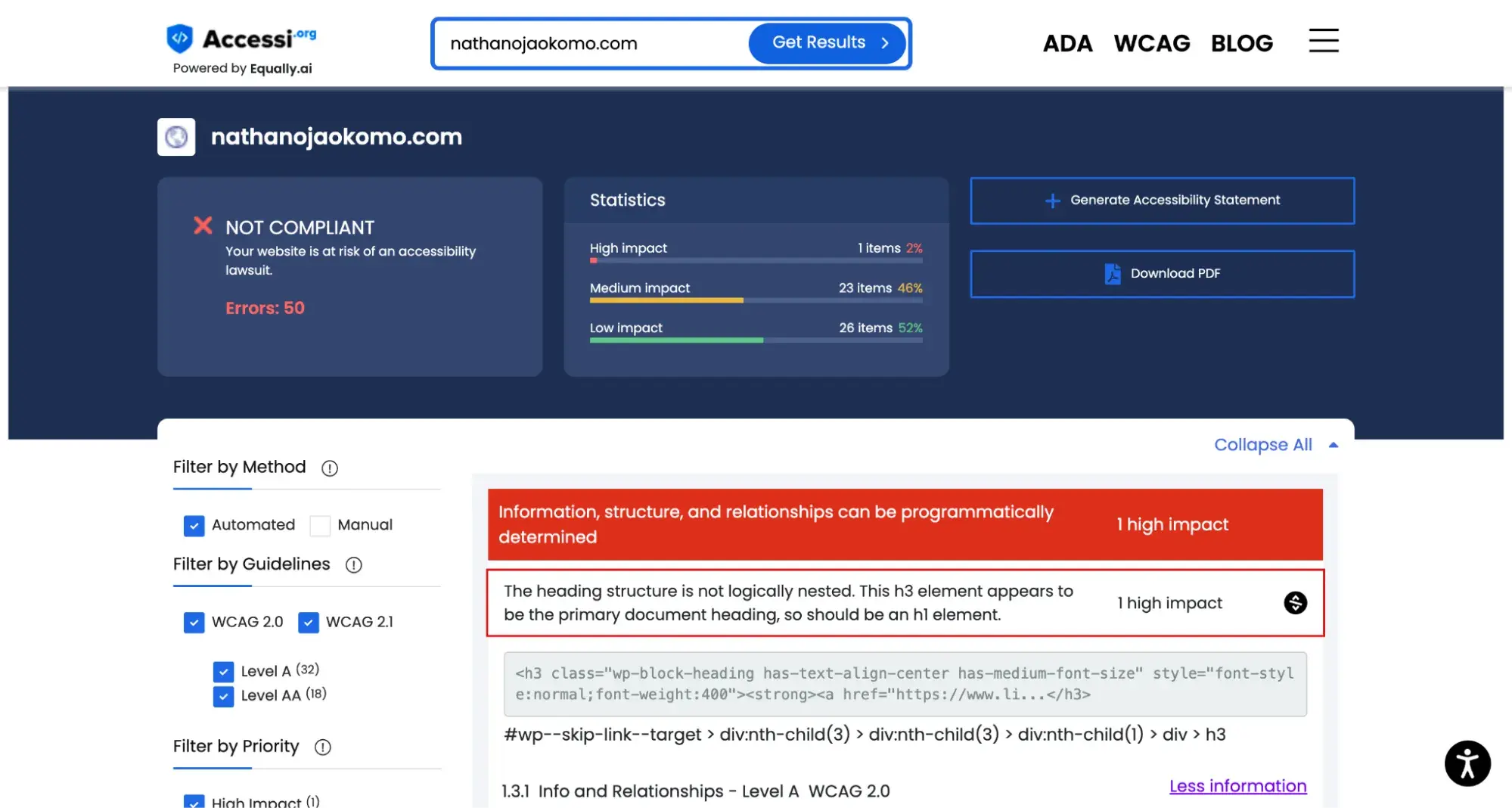 screenshot from accessi.org showing accessibility report for nathanojaokomo.com