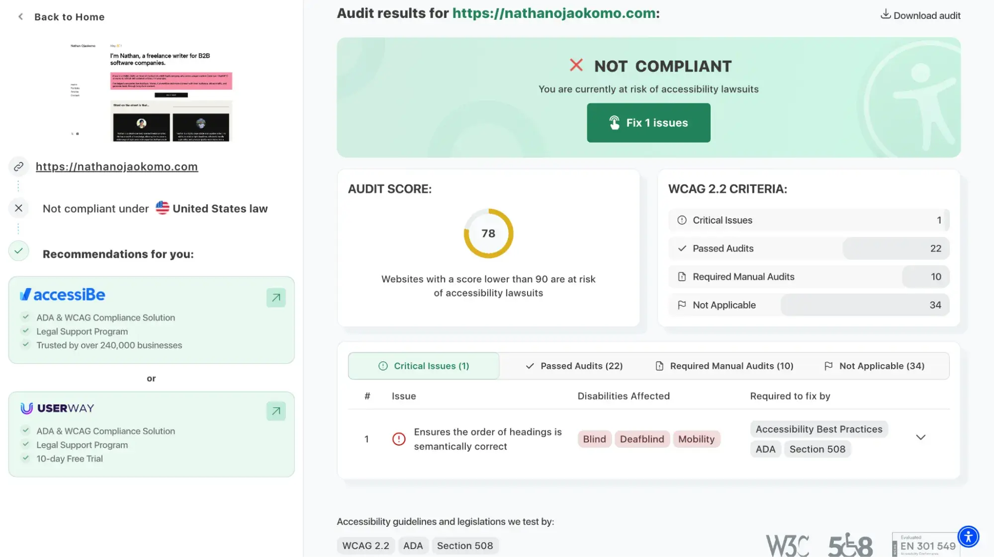 screenshot from accessibilitychecker.com showing accessibility report for nathanojaokomo.com