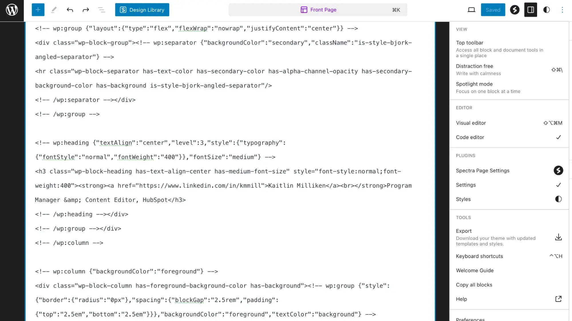 screenshot from WordPress backend showing the code editor