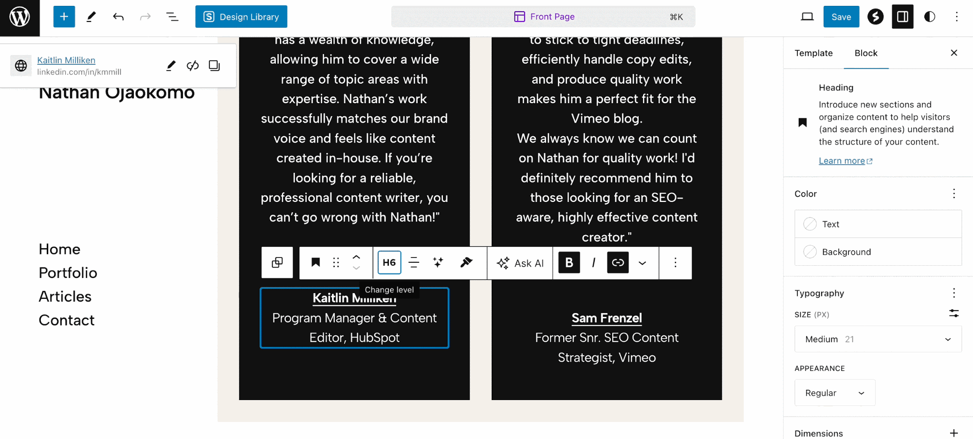 ada compliance for a website, GIF showing me changing the heading tags from H6 to H3