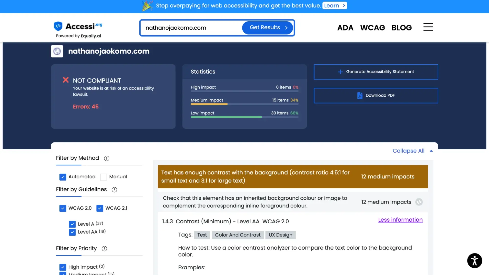 screenshot from accessi.org showing improved accessibility report for nathanojaokomo.com