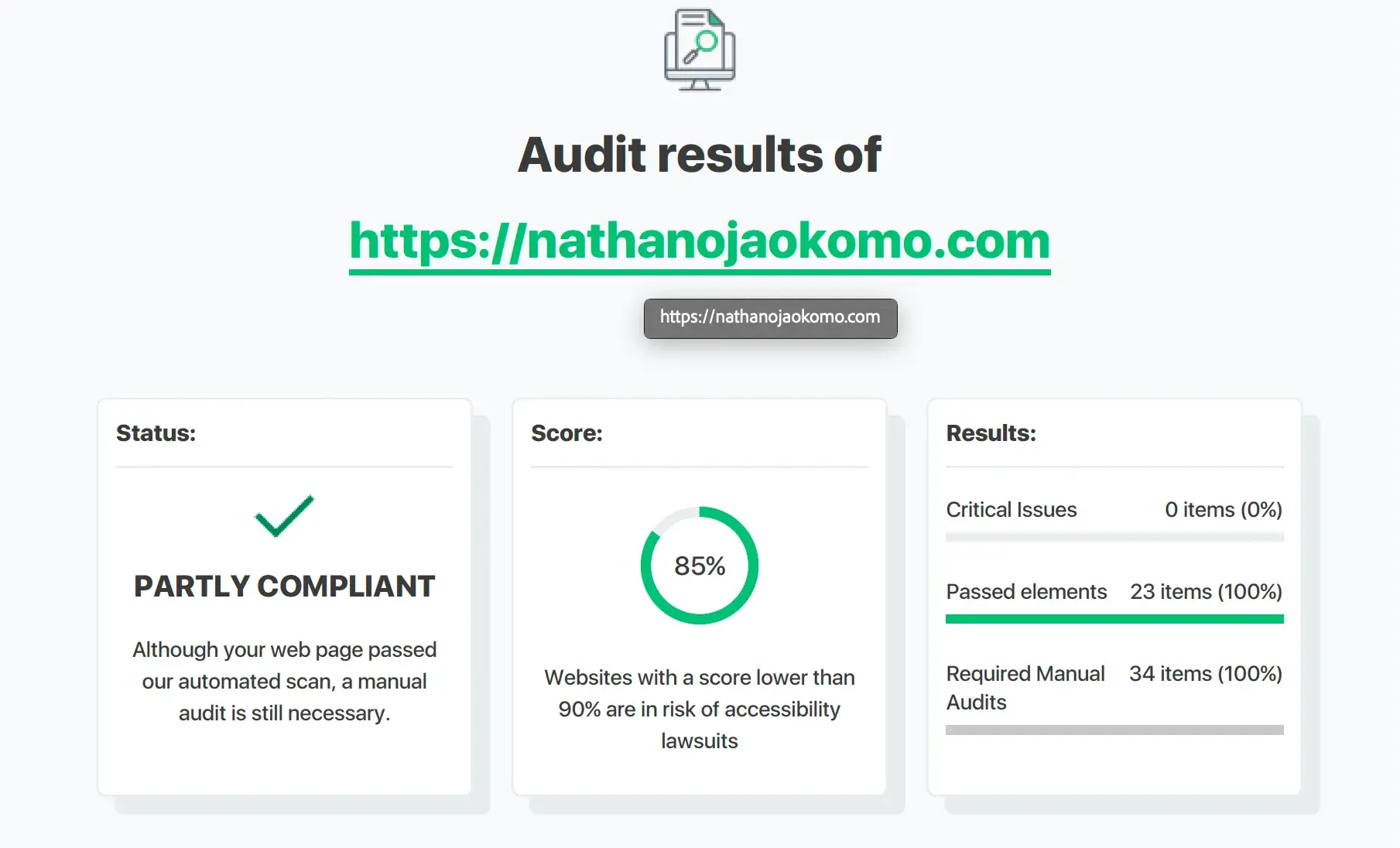 ada compliance, screenshot from accessibilitychecker.com showing improved accessibility report for nathanojaokomo.com