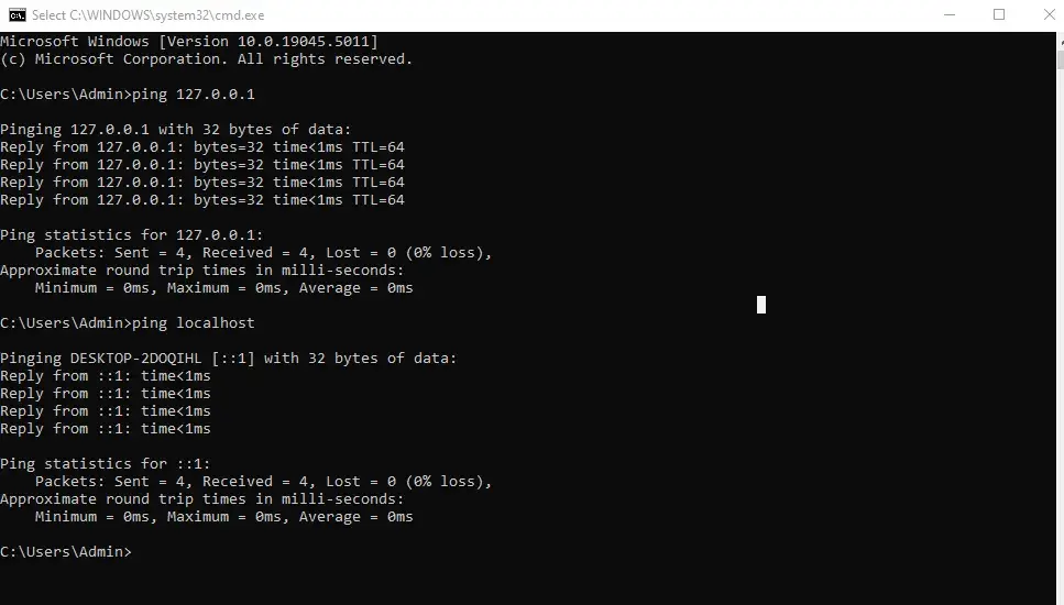 localhost test, test localhost using ping command