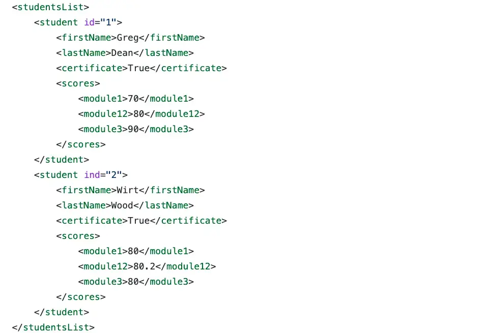 Screenshot examples of xml files