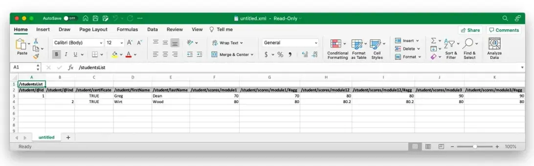 Screenshot of opening an xml file in excel