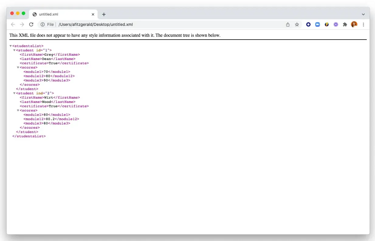 Screenshot of xml file opened in Chrome browser