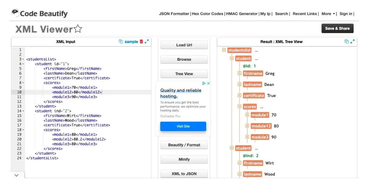 Screenshot of xml viewer code beautify