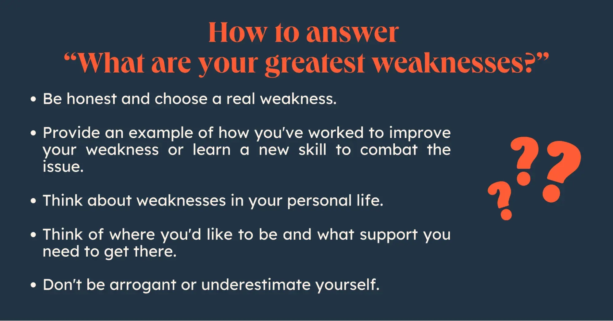 Graphic of advice on how to answer what are your greatest weaknesses