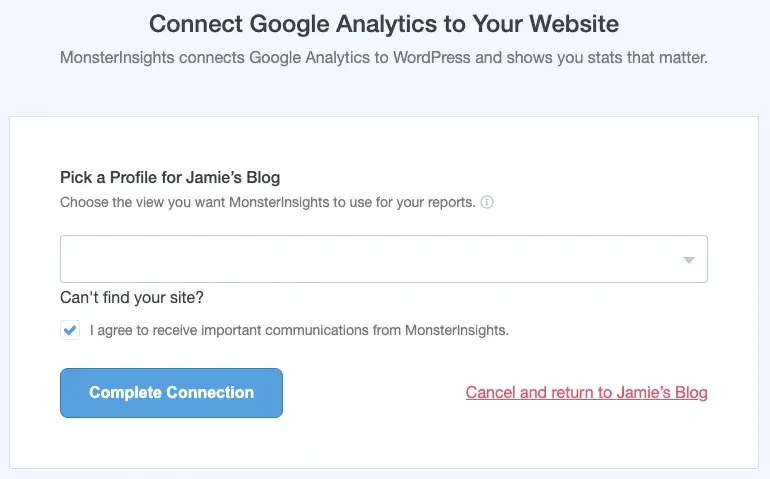 the connect google analytics to your website screen