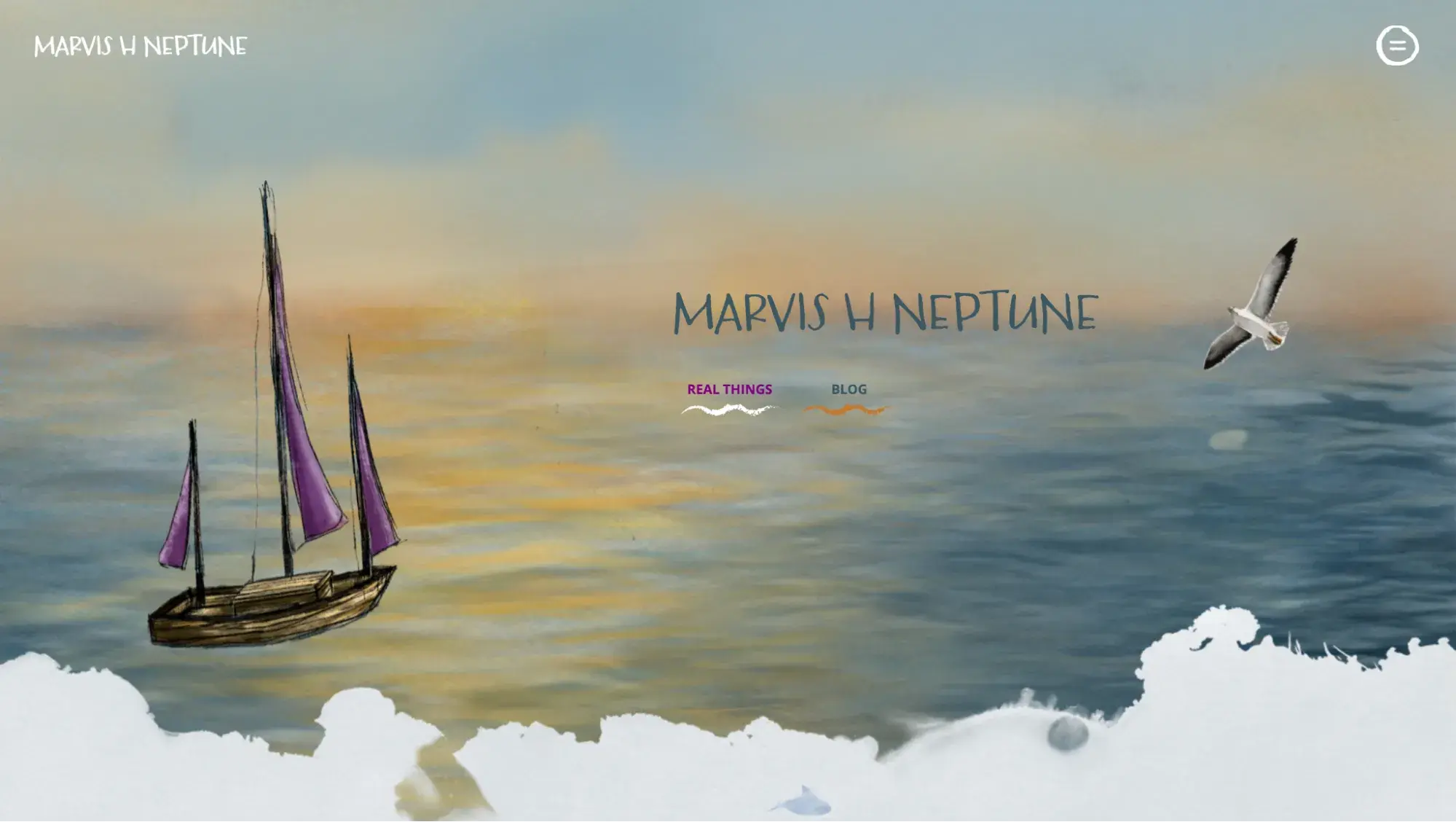 Marvis H Nepture’s website showing a boat at sea and a seagull flying overhead