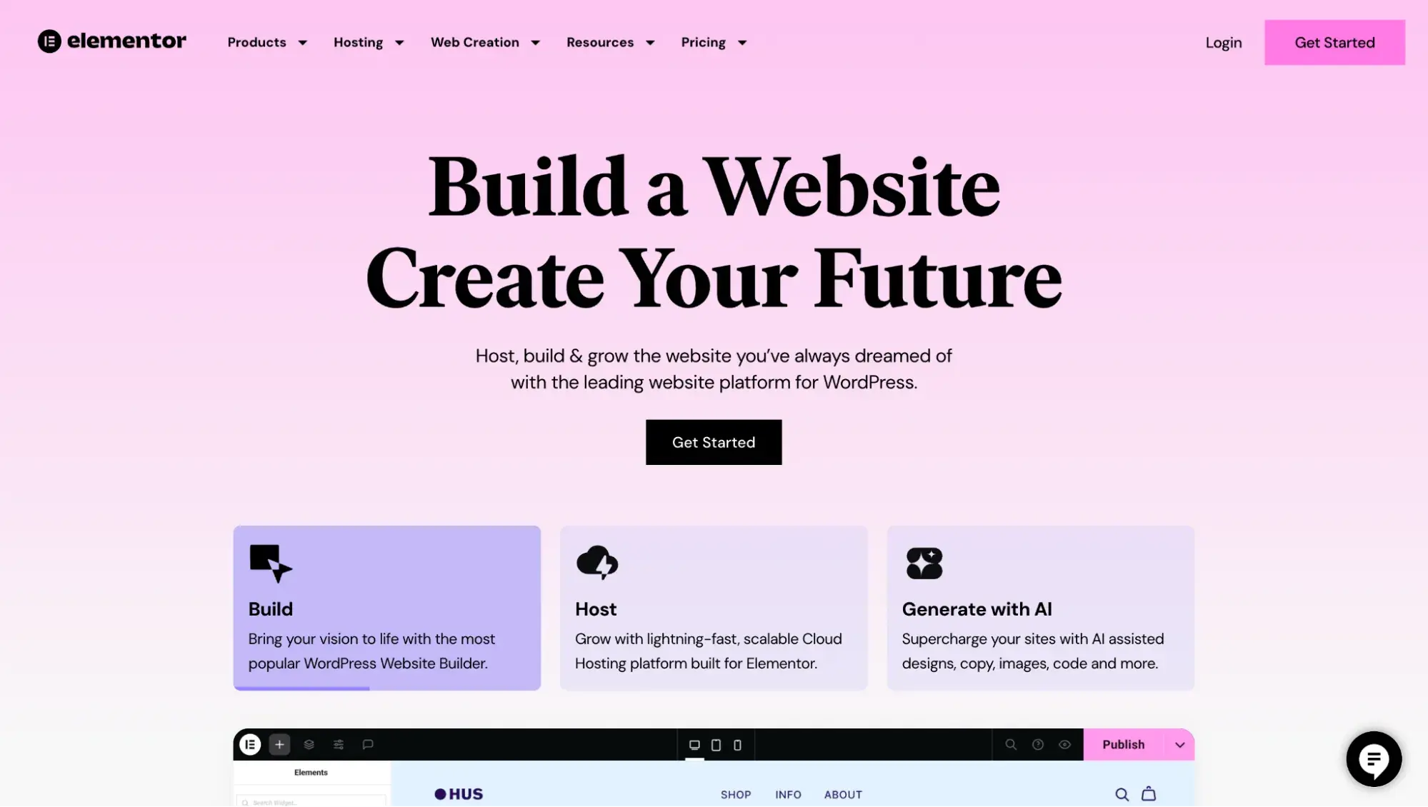 Website of Elementor, a WordPress web design tool