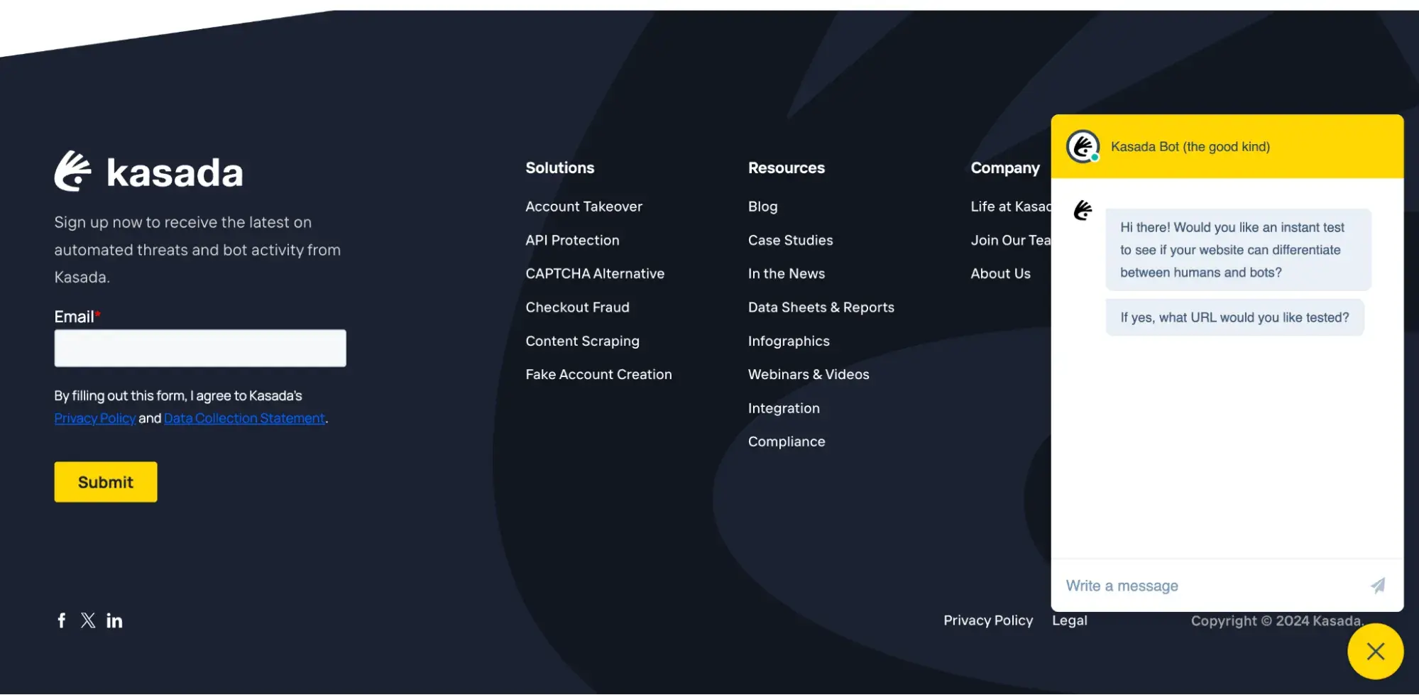 Kasada’s website footer, which shows an email signup form and popup chatbox
